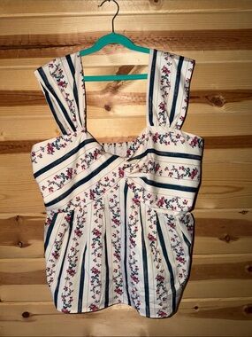 SHEIN Cream and Navy Striped Floral Knot-Front Tank